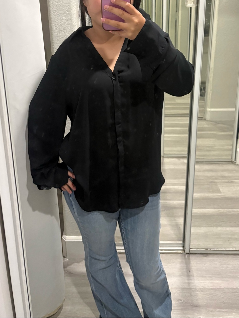Worthington Black Button-Down V-Neck Blouse